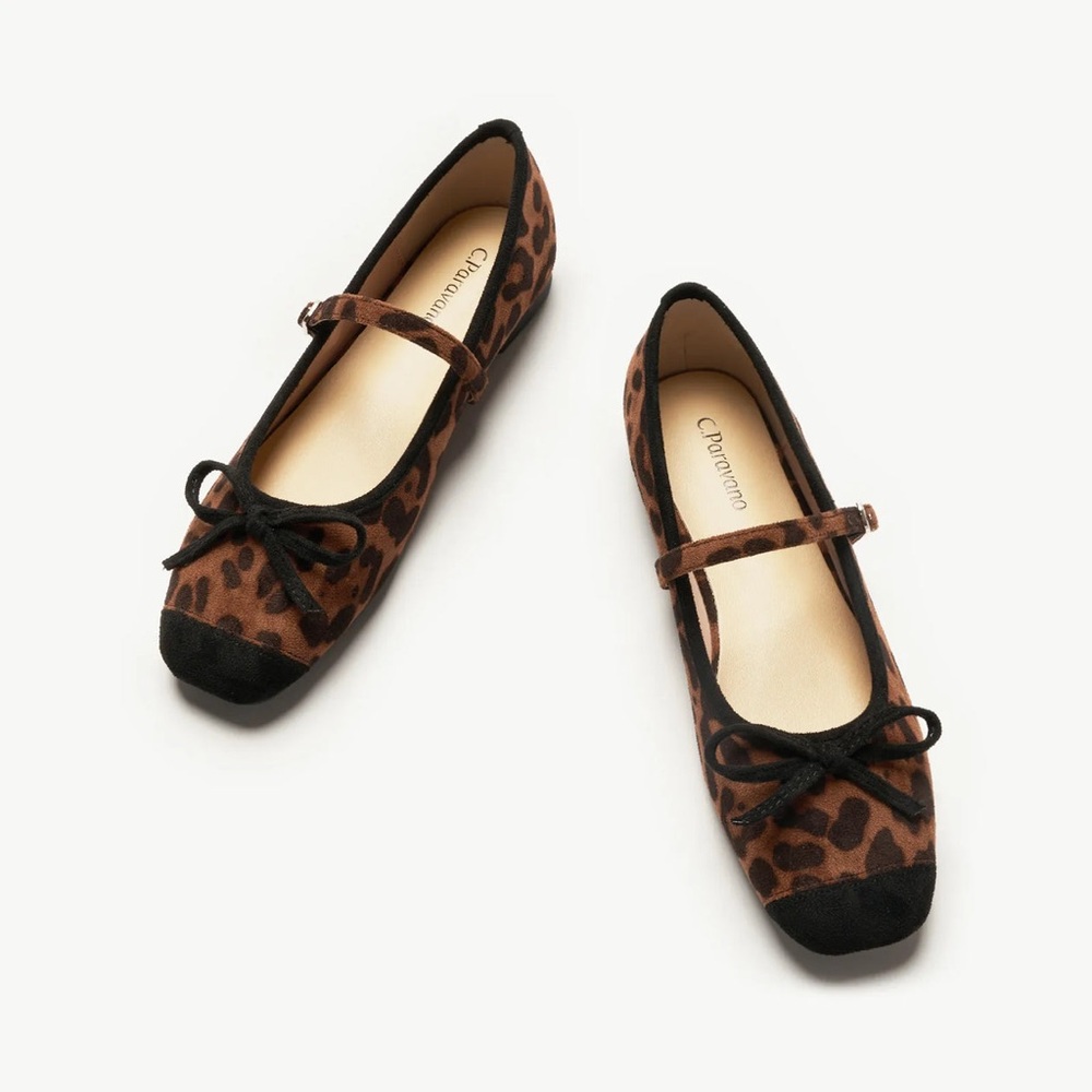C.Paravano Bow Leopard Print Cap-Toe Clara Mary Jane Ballet Flats - 36.5 - NWT